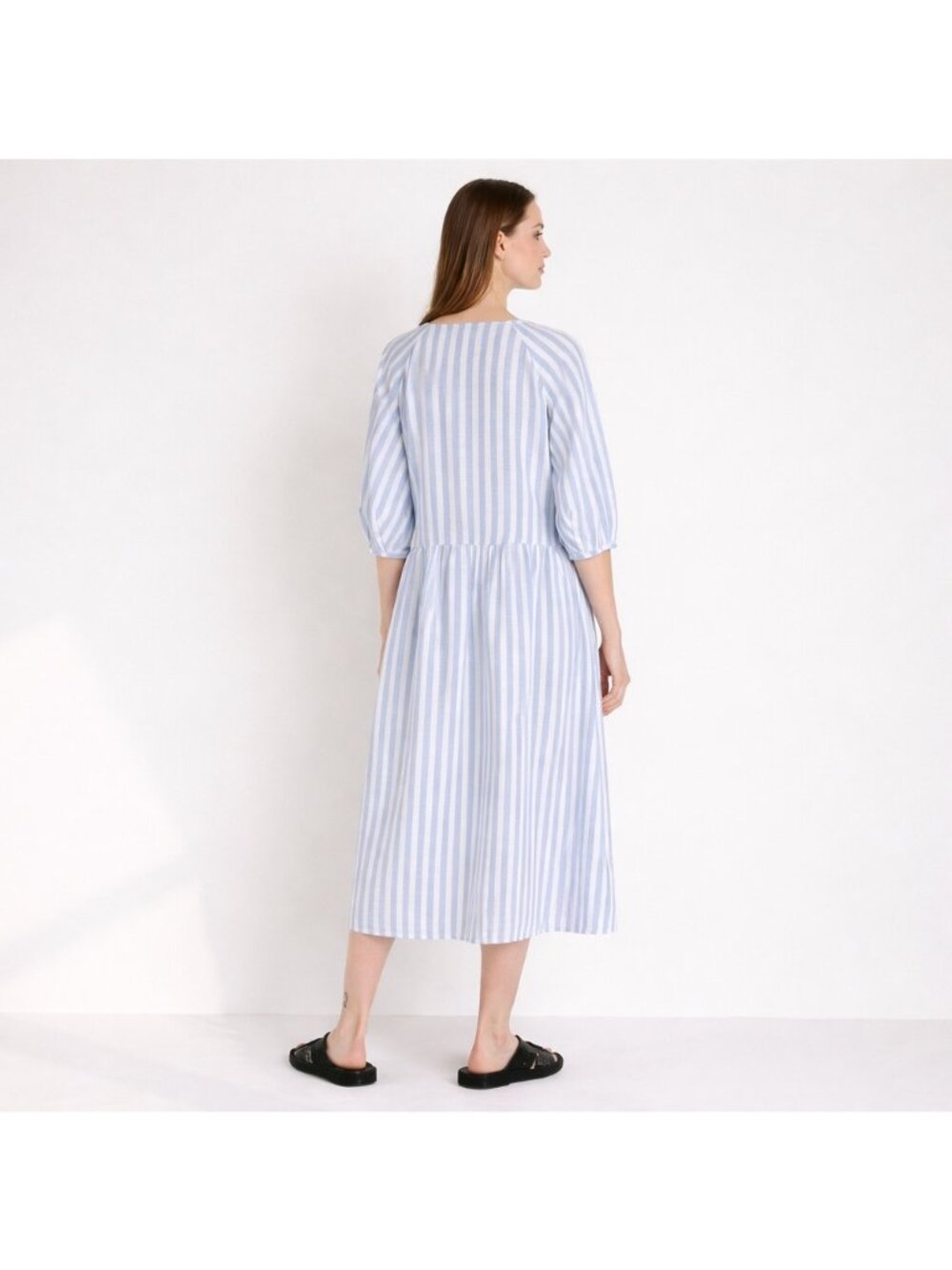 Everlane Linen Midi Dress Blue White Stripe Puff Sleeve Pockets L NWOT - Picture 2 of 16